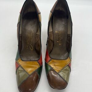 Vintage Square Toe Brown and multi-coloured patchwork leather heels